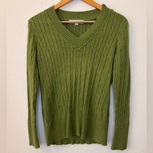 LOFT Large Green V-Neck Cable Knit Sweater